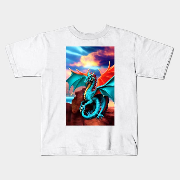 Dragon Fire Turquoise Graphic Kids T-Shirt by ShopSunday